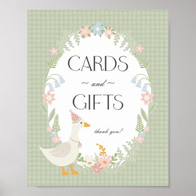 Grönt Fånig Goose Blommigt Gingham Cards and Gifts Poster (Framsidan)