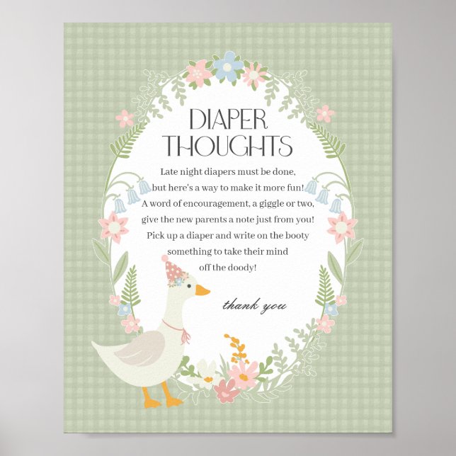 Grönt Fånig Goose Blommigt Gingham Diaper Thoughts Poster (Framsidan)
