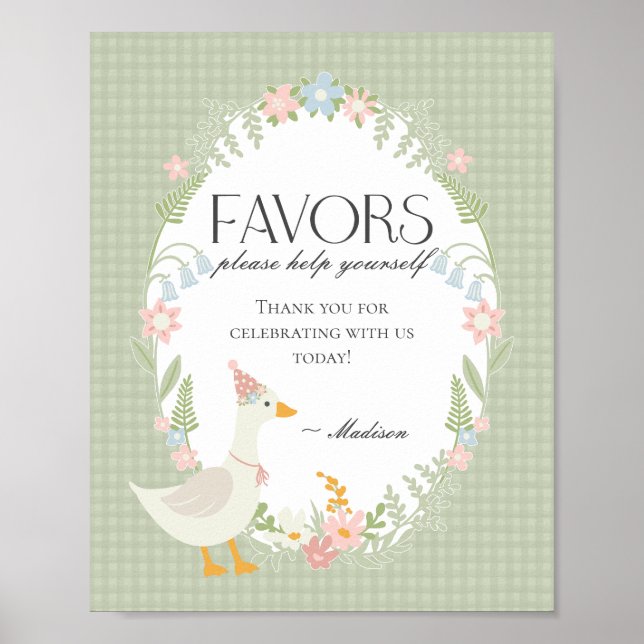 Grönt Fånig Goose Blommigt Gingham Favors Sign Poster (Framsidan)