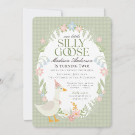 Grönt Fånig Goose Blommigt Gingham Födelsedagsfest Inbjudningar