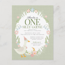 Grönt Fånig Goose Blommigt Gingham Första födelsed Vykort