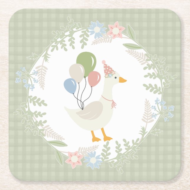 Grönt Fånig Goose Blommigt Gingham Papper Underlägg Papper Kvadrat (Framsidan)