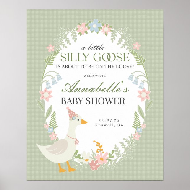 Grönt Fånig Goose Gingham Baby Shower Välkomstskyl Poster (Framsidan)