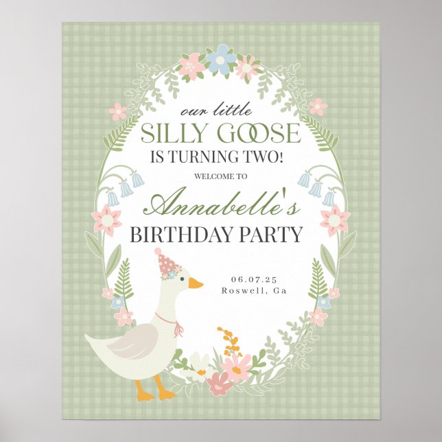 Grönt Fånig Goose Gingham Birthday Välkomstskylt Poster (Framsidan)
