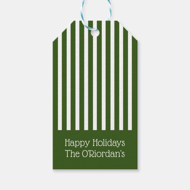 Grönt Färg #325513 & White Stripe Julafton Presentetikett (Framsidan)