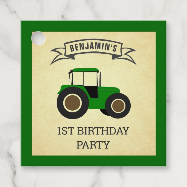 Grönt Farm Tractor Barns födelsedag Party Gåvor Etiketter (Framsida)