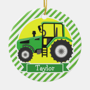 Grönt Farm Tractor med Gult; Grönt & vit Julgransprydnad Keramik