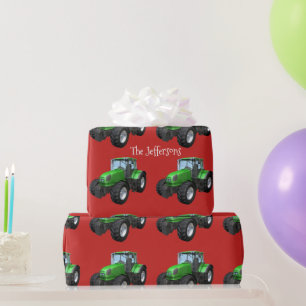 Grönt Farm Trtors på Red Jul Wrapping Pape Presentpapper