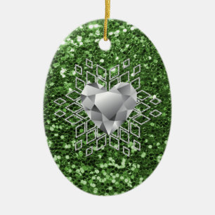 Grönt Faux Glitter Diamond Heart Snowflake Julgransprydnad Keramik