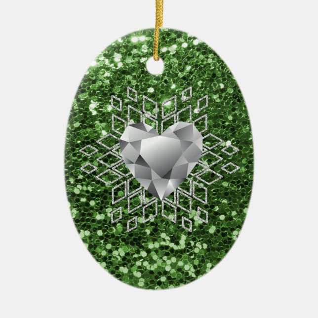 Grönt Faux Glitter Diamond Heart Snowflake Julgransprydnad Keramik (Framsidan)