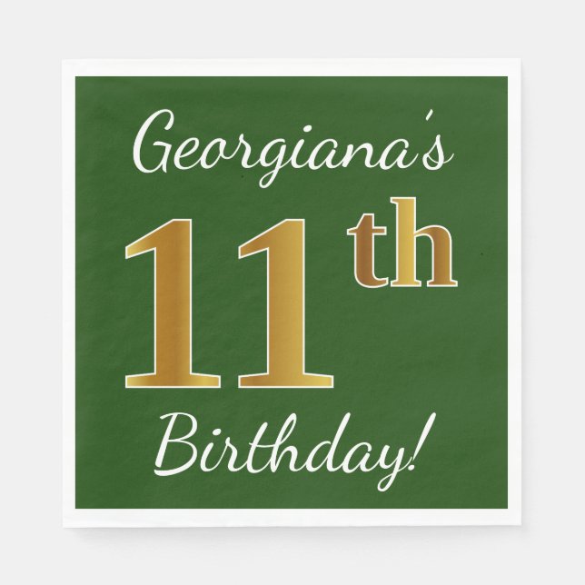 Grönt, faux Guld 11:e födelsedagen + eget namn Pappersservett (Framsidan)