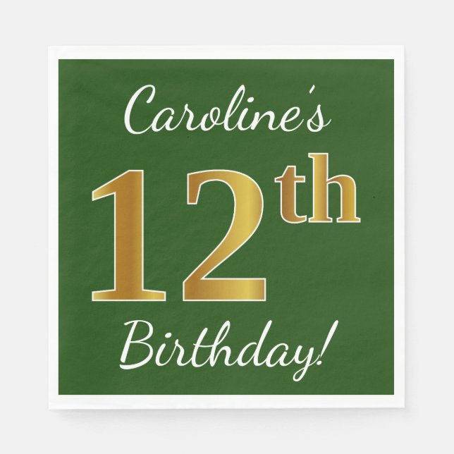 Grönt, faux Guld 12:e födelsedag + eget namn Pappersservett (Framsidan)