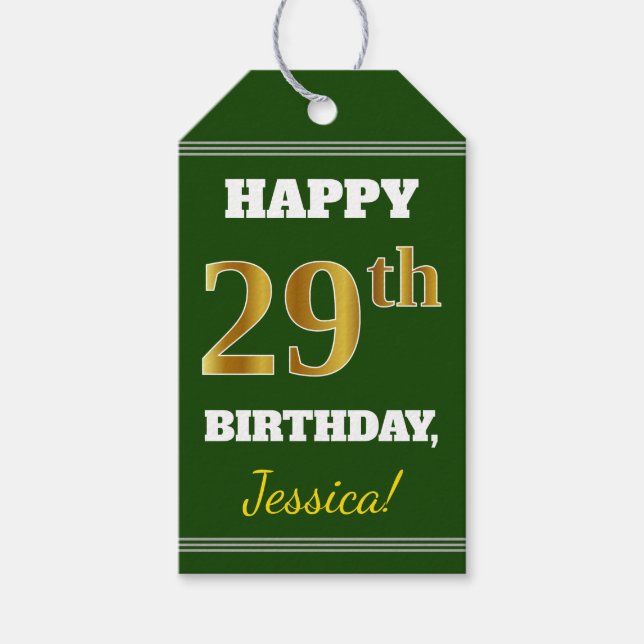 Grönt, Faux Guld 29:e födelsedagen + eget namn Presentetikett (Framsidan)