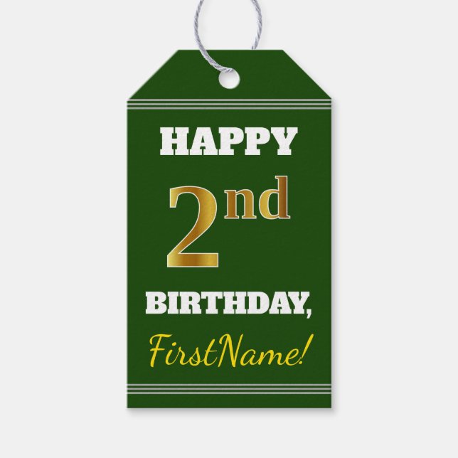 Grönt, faux Guld 2:a födelsedagen + eget namn Presentetikett (Framsidan)