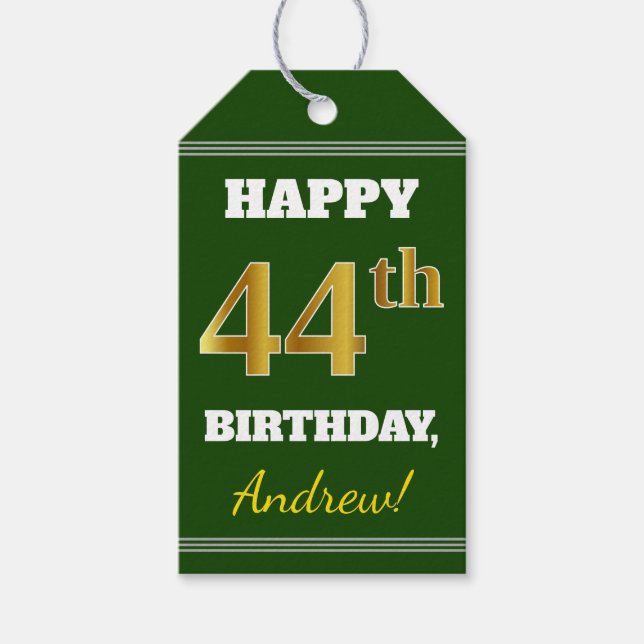 Grönt, Faux Guld 44:e födelsedagen + eget namn Presentetikett (Framsidan)