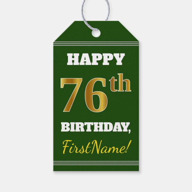 Grönt, Faux Guld 76:e födelsedagen + eget namn Presentetikett (Framsidan)
