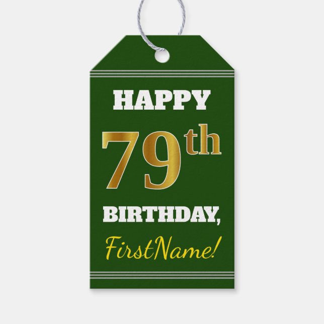 Grönt, Faux Guld 79:e födelsedagen + eget namn Presentetikett (Framsidan)