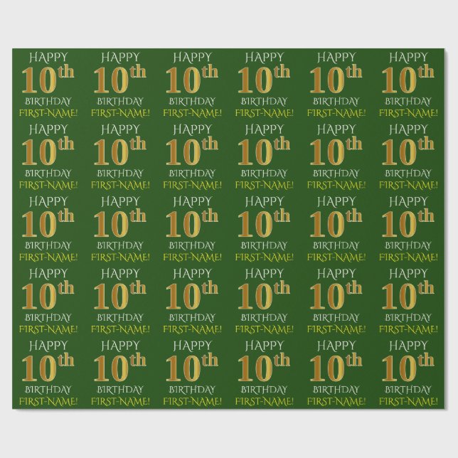 Grönt, Faux Guld "LYCKLIG 10:e BIRTHDAY" Presentpapper (Platt)