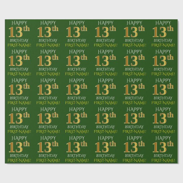 Grönt, Faux Guld "LYCKLIG 13:e BIRTHDAY" Presentpapper (Platt)