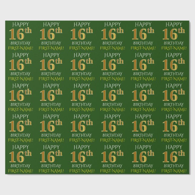 Grönt, Faux Guld "LYCKLIG 16:e BIRTHDAY" Presentpapper (Platt)