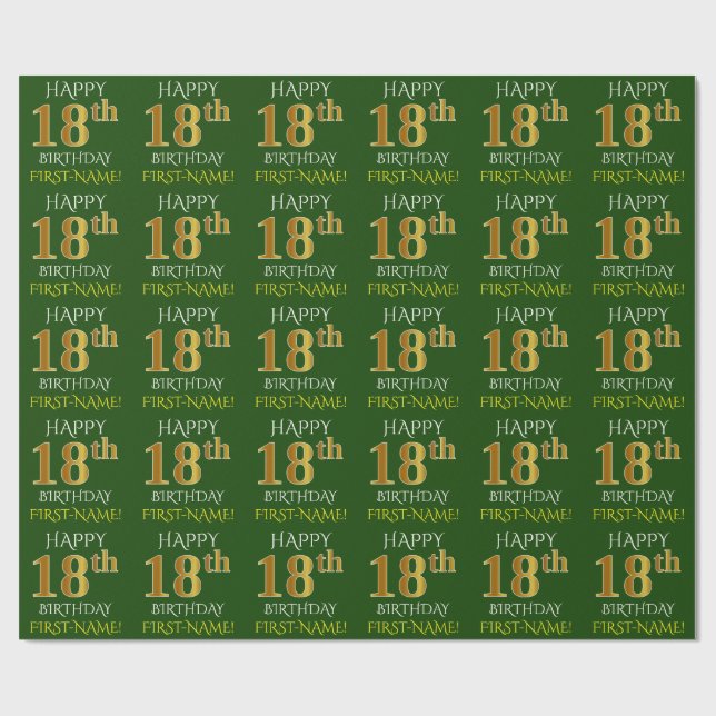 Grönt, Faux Guld "LYCKLIG 18:e BIRTHDAY" Presentpapper (Platt)