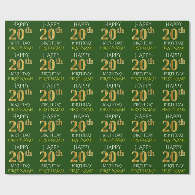Grönt, Faux Guld "LYCKLIG 20:e BIRTHDAY" Presentpapper (Platt)