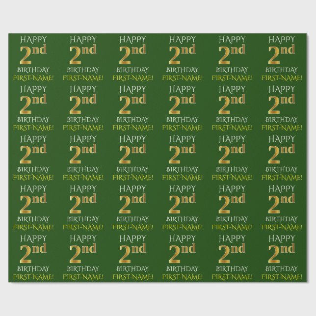Grönt, Faux Guld "LYCKLIG 2:a BIRTHDAY" Presentpapper (Platt)