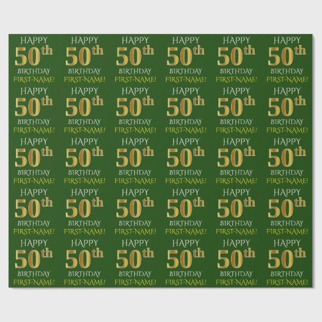 Grönt, Faux Guld "LYCKLIG 50:e BIRTHDAY" Presentpapper (Platt)