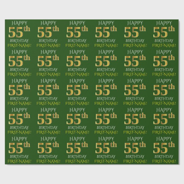 Grönt, Faux Guld "LYCKLIG 55:e BIRTHDAY" Presentpapper (Platt)