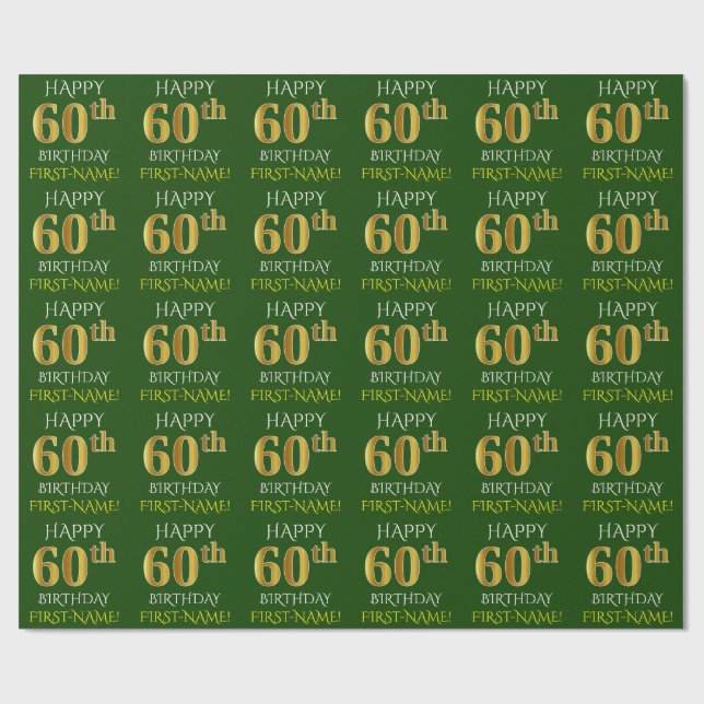 Grönt, Faux Guld "LYCKLIG 60:e BIRTHDAY" Presentpapper (Platt)