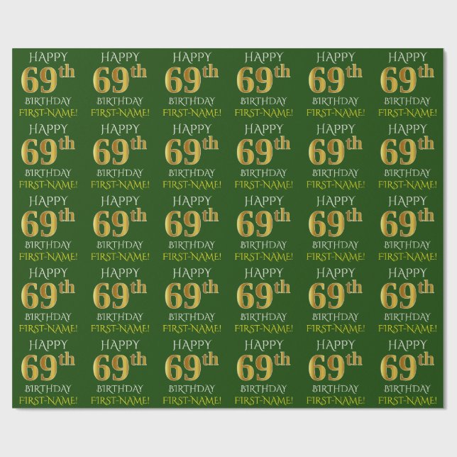 Grönt, Faux Guld "LYCKLIG 69:e BIRTHDAY" Presentpapper (Platt)