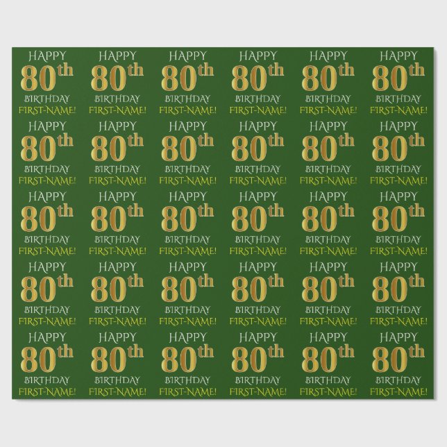 Grönt, Faux Guld "LYCKLIG 80 BIRTHDAY" Presentpapper (Platt)