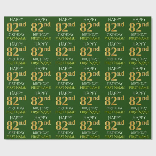 Grönt, Faux Guld "LYCKLIG 82:a BIRTHDAY" Presentpapper (Platt)