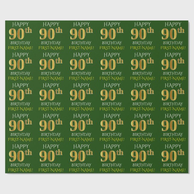 Grönt, Faux Guld "LYCKLIG 90:e BIRTHDAY" Presentpapper (Platt)