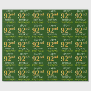 Grönt, Faux Guld "LYCKLIG 92:a BIRTHDAY" Presentpapper