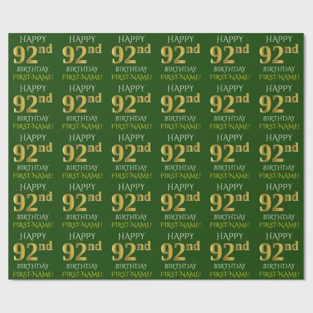 Grönt, Faux Guld "LYCKLIG 92:a BIRTHDAY" Presentpapper (Platt)