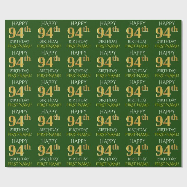 Grönt, Faux Guld "LYCKLIG 94:e BIRTHDAY" Presentpapper (Platt)