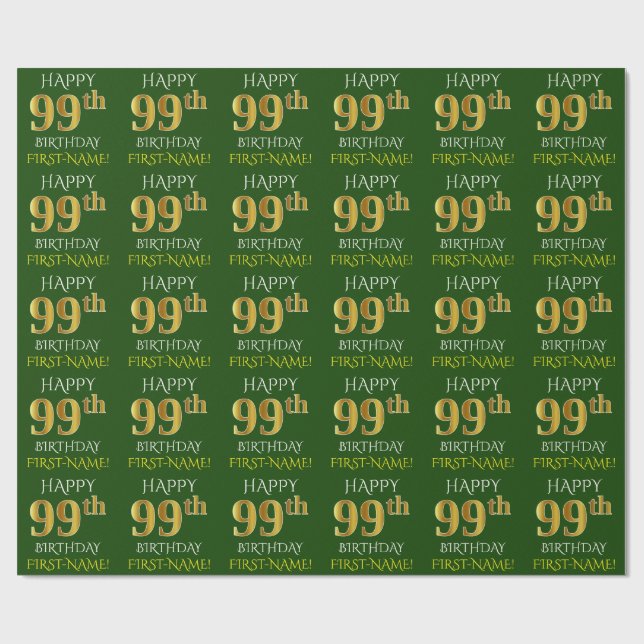 Grönt, Faux Guld "LYCKLIG 99 BIRTHDAY" Presentpapper (Platt)