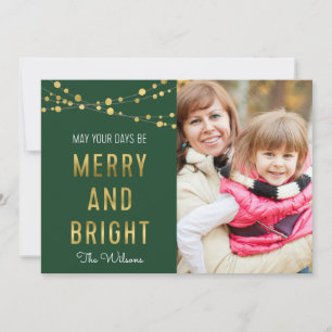 Grönt, Faux Guld Merry & Bright Ljus Photo Julkort