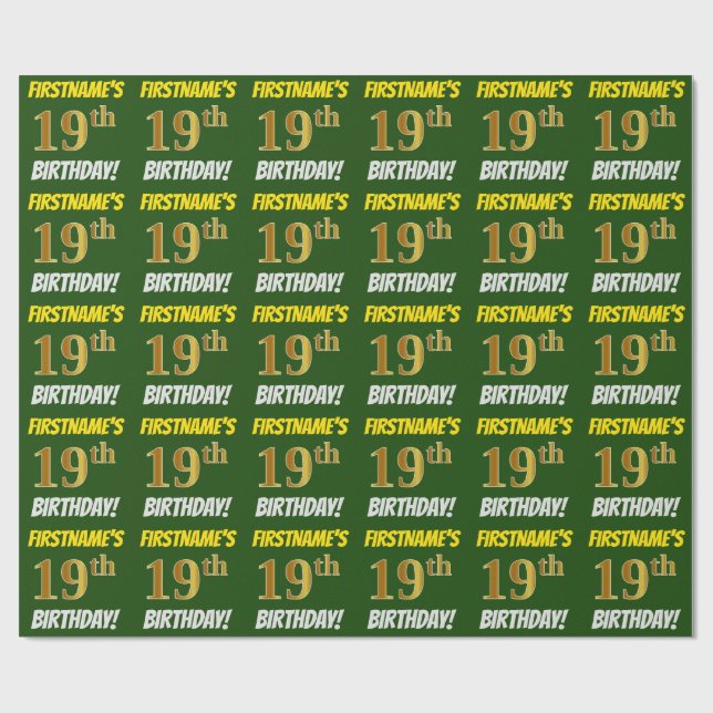 Grönt, Faux/Imitation Guld, "19:e BIRTHDAY" Presentpapper (Platt)
