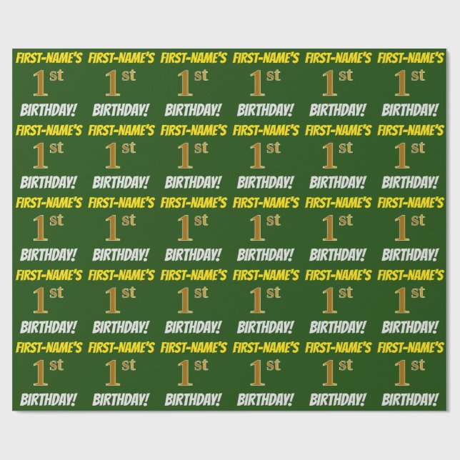 Grönt, Faux/Imitation Guld, "1st BIRTHDAY" Presentpapper (Platt)