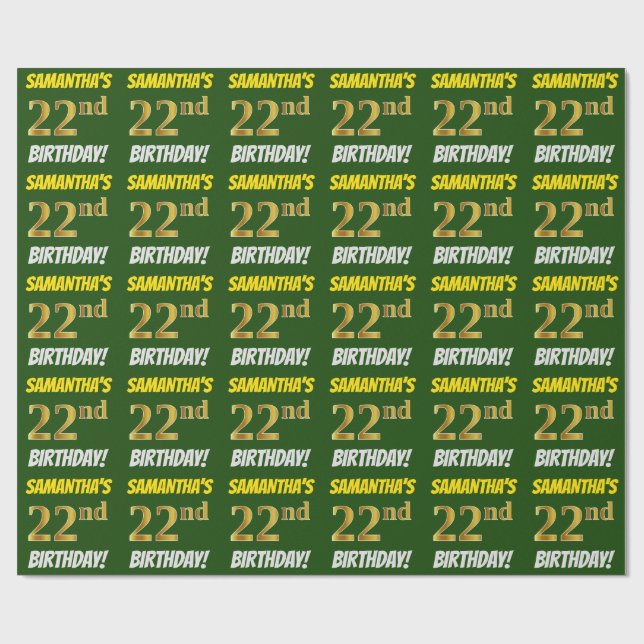 Grönt, Faux/Imitation Guld, "22:a BIRTHDAY" Presentpapper (Platt)