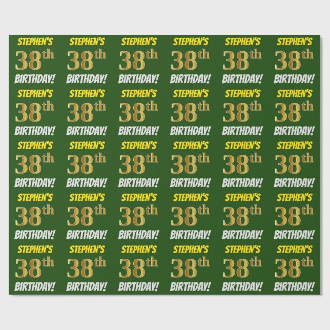 Grönt, Faux/Imitation Guld, ’38 BIRTHDAY’ Presentpapper (Platt)