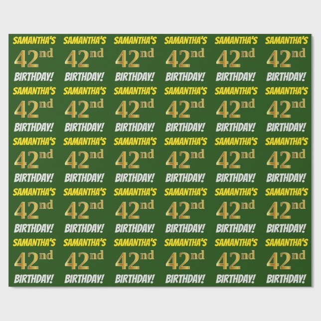 Grönt, Faux/Imitation Guld, 42:a BIRTHDAY Presentpapper (Platt)