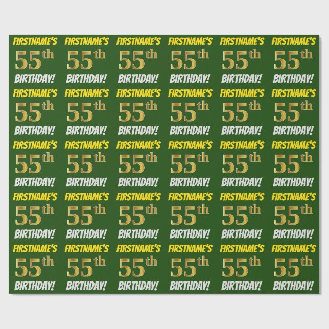 Grönt, Faux/Imitation Guld, ’55 BIRTHDAY’ Presentpapper (Platt)