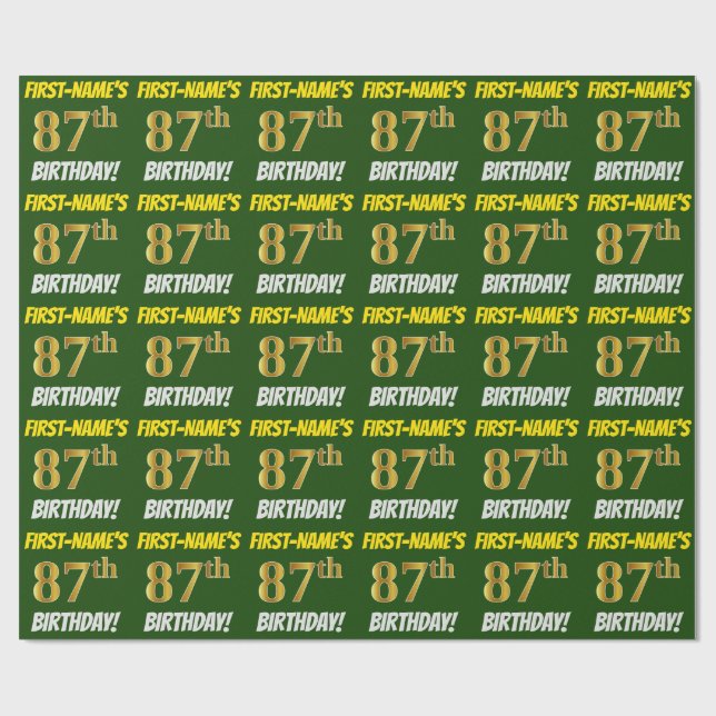 Grönt, Faux/Imitation Guld, ’87:e BIRTHDAY’ Presentpapper (Platt)