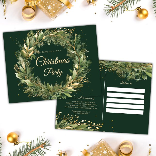 Grönt Festive botaniska Eleganten jul Party Inbjudan Vykort (Green Festive Botanical Elegant Christmas Party Invitation Postcard)