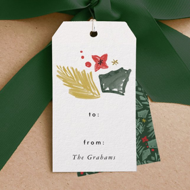 Grönt Festive botaniska Juletiketter Presentetikett (Festive botanical green golden watercolor Christmas gift tag.)