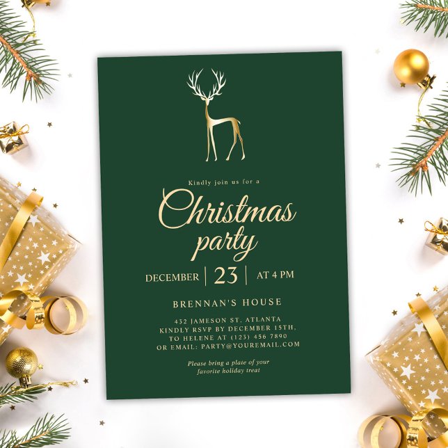 Grönt Festive Renor Elegant jul Party Inbjudningar (Green Festive Reindeer Elegant Christmas Party Invitation)