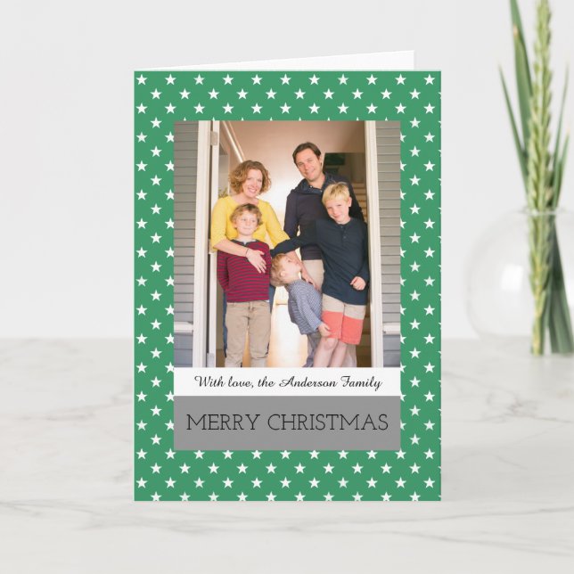 Grönt Festive Stars Helgdag Photo Greeting Card Helgkort (Framsida)